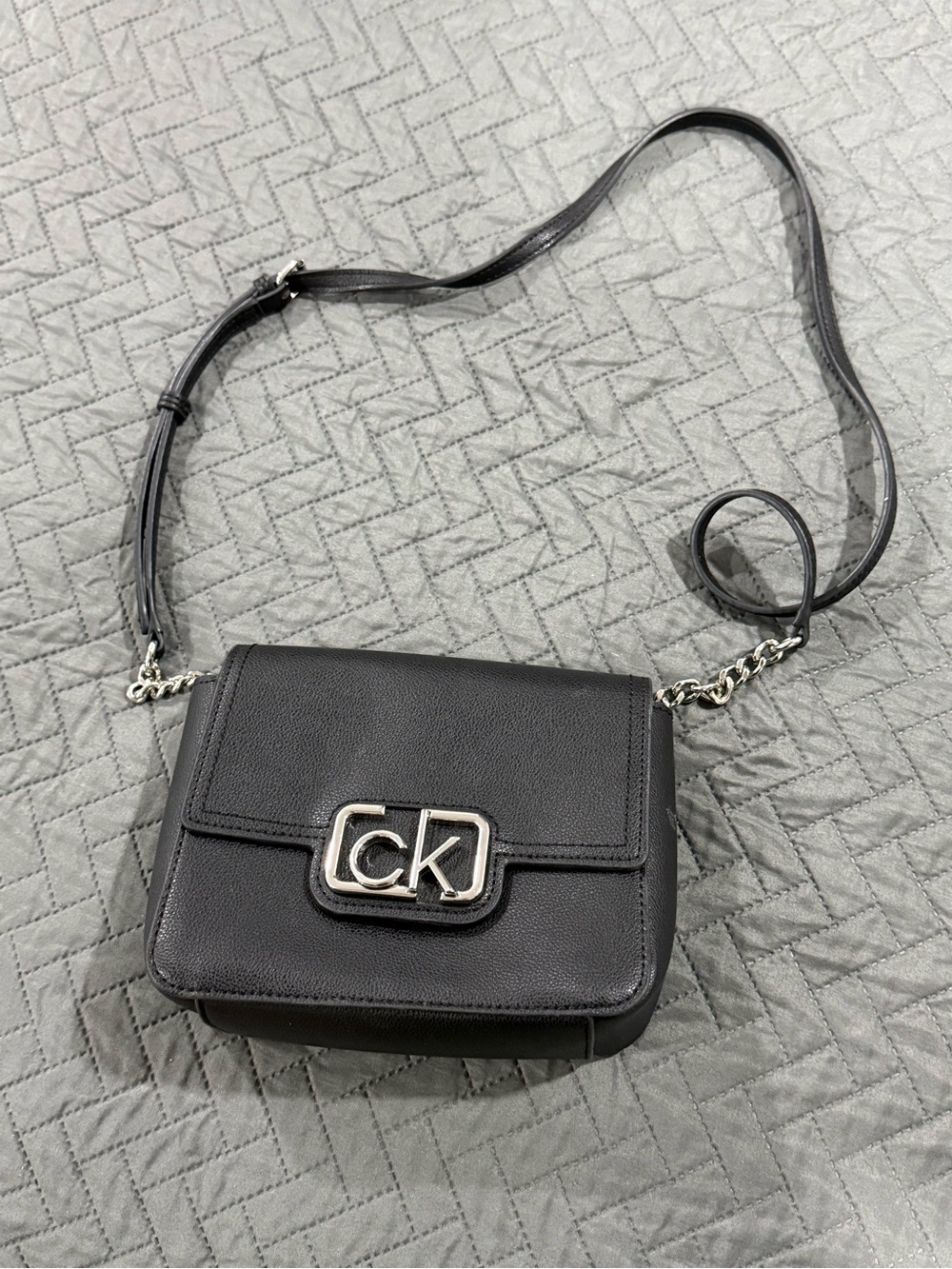 Calvin Klein Black Leather Crossbody with Silver CK Emblem